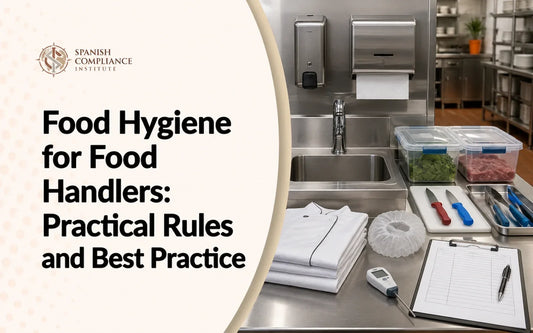 Clean food-handler hygiene station with handwashing equipment, protective clothing, separated utensils and a probe thermometer.