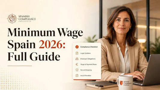 Professional blog hero image about Minimum Wage Spain 2026 featuring a business professional working at a laptop with a compliance checklist covering employer obligations, wage rules, legal updates, and record keeping in a modern office setting.