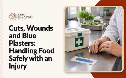 Blue waterproof plaster beside a first-aid kit in a clean professional food-preparation area.