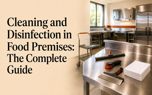Clean commercial food-preparation area with organised cleaning equipment stored separately from food.