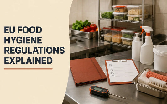 Professional food-hygiene compliance workspace with a temperature probe, records, cleaning equipment and organised storage.