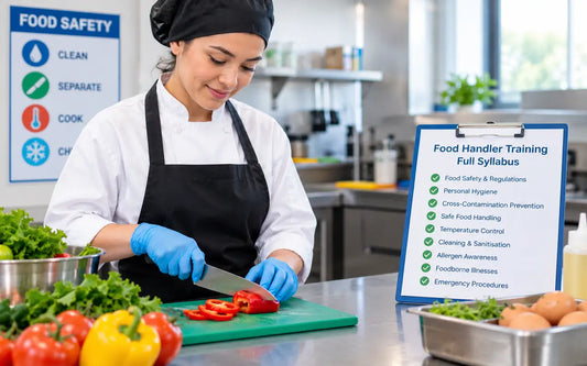 Food handler training covering hygiene, food safety, temperature control, and contamination prevention