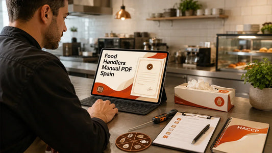 Food handler studying a manual PDF before completing food hygiene certificate training in Spain