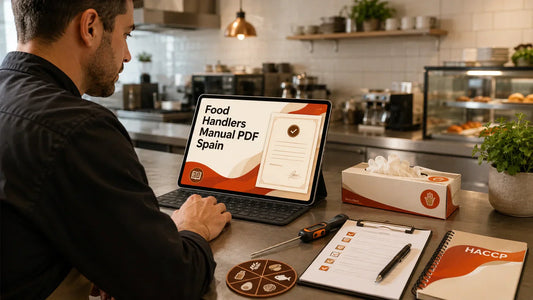 Food handler studying a manual PDF before completing food hygiene certificate training in Spain