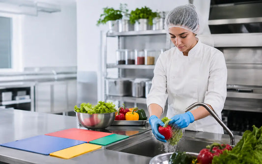 Food handler washing fresh vegetables in a clean commercial kitchen while following hygiene and safety procedures.