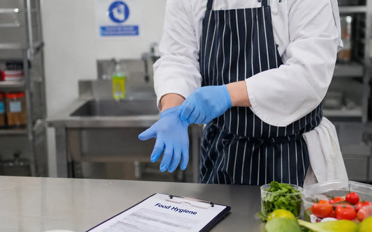 Food hygiene worker wearing protective gloves in a commercial kitchen
