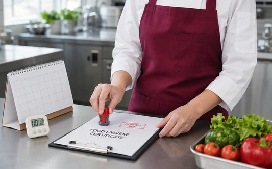 Female food worker stamping a food hygiene certificate for renewal beside a calendar in a commercial kitchen.