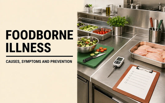 Commercial kitchen controls separating raw poultry from ready-to-eat food, with a probe thermometer and hygiene records.