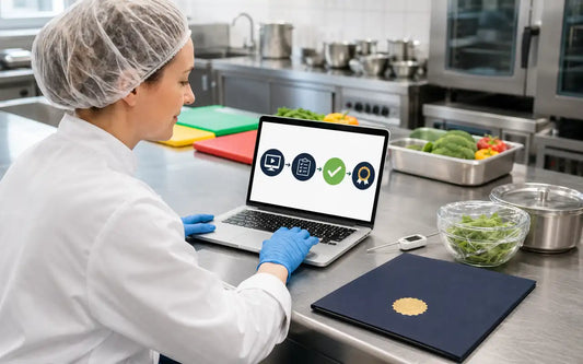 European food handler completing online safety training on a laptop with assessment and certification steps displayed.