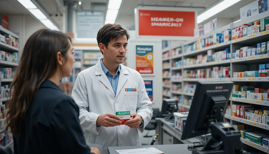 Pharmacist assisting a customer with over-the-counter medication advice in a pharmacy