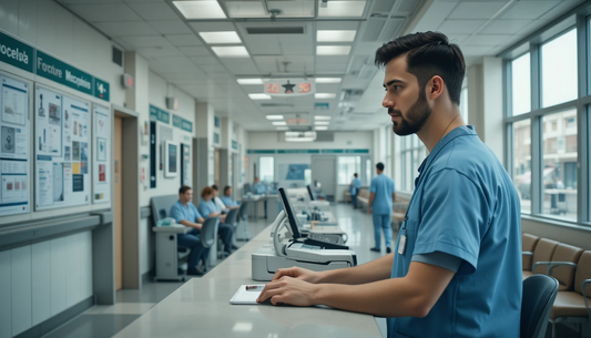 Male nurse or healthcare worker managing hospital administration tasks at a reception desk