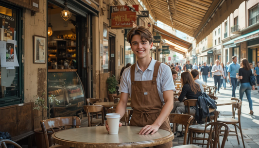Young café worker or barista serving customers at an outdoor coffee shop in a busy city street