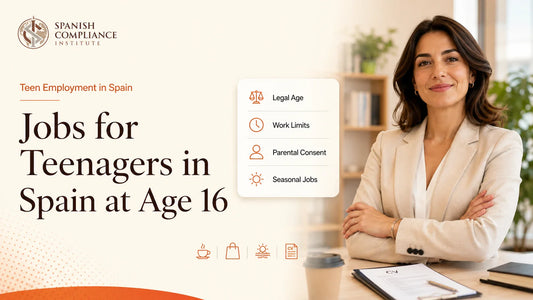 Professional blog hero image about teenage employment in Spain featuring a business professional with information about legal working age, work limits, parental consent, and seasonal jobs for 16-year-olds in Spain.