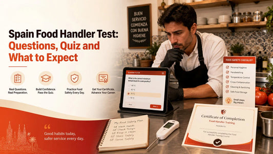 Food handler in Spain preparing for an online food hygiene test and certificate