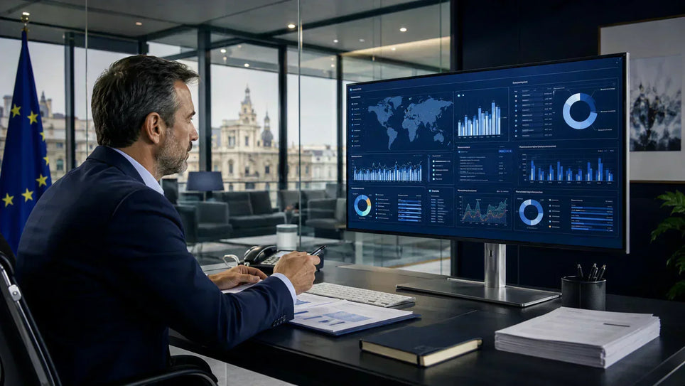 AML compliance in Spain — a compliance officer reviewing anti-money laundering data in a modern corporate office