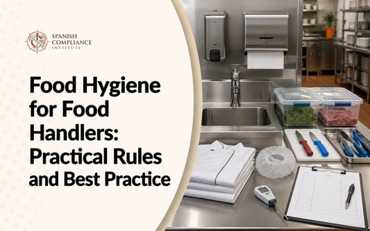 Clean food-handler hygiene station with handwashing equipment, protective clothing, separated utensils and a probe thermometer. 
