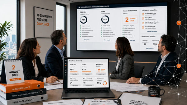 Alt text: Business team reviewing AI Act and GDPR compliance dashboards ahead of the August 2026 deadline.