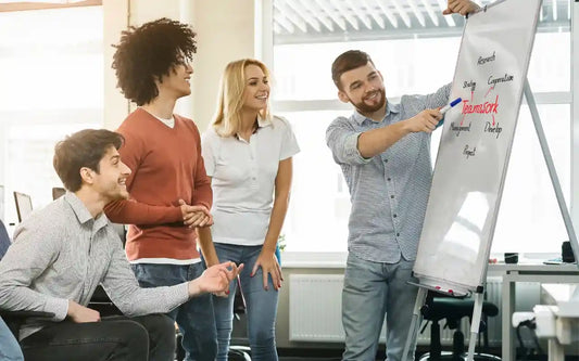 Training graphic for the course "Agile Project Management with Scrum: A Practical Guide for Team Success" showing a modern business team conducting a sprint planning session.