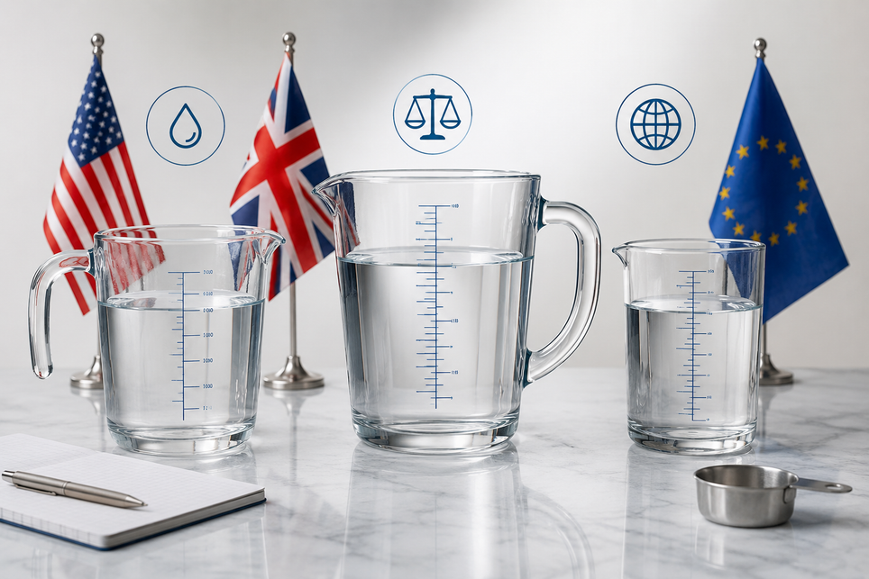 Glass measuring jugs comparing UK, US, and EU liquid volume conversions with national flags and measurement markings on a clean white background
