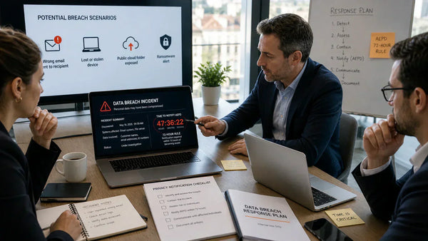 Business team reviewing a GDPR data breach incident dashboard and 72-hour AEPD response plan during a compliance meeting.