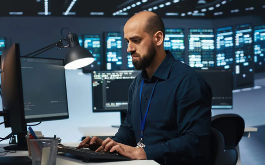 Cybersecurity Risk Assessment and Compliance in Spain guide banner showing an IT analyst working in a data server control room