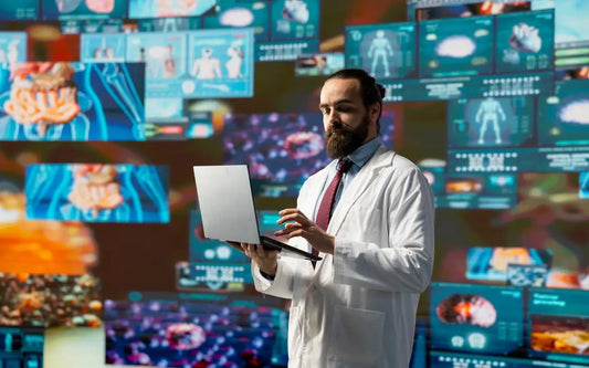 Healthcare cybersecurity professional reviewing digital medical data and security systems to support NIS2 Directive compliance and cyber resilience in Spain's healthcare sector.