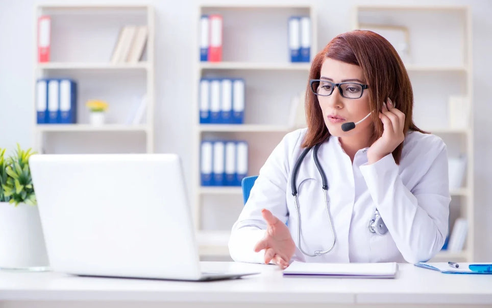 Digital Health Ethics and Patient Consent guide banner showing a female doctor with a headset conducting a telemedicine consultation