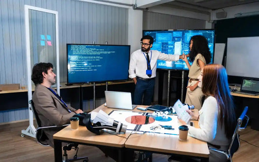 A group of professionals in a modern office collaborating during a technical presentation, with a man gesturing towards large screens displaying code and digital data while colleagues review documents and laptops at a conference table