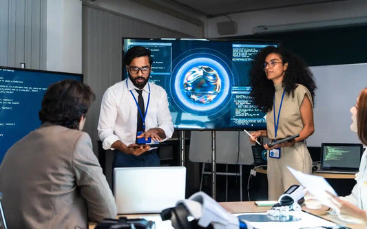 A man wearing glasses and a tie presenting data privacy compliance and technical details to colleagues in an office setting with computer screens displaying code and graphics