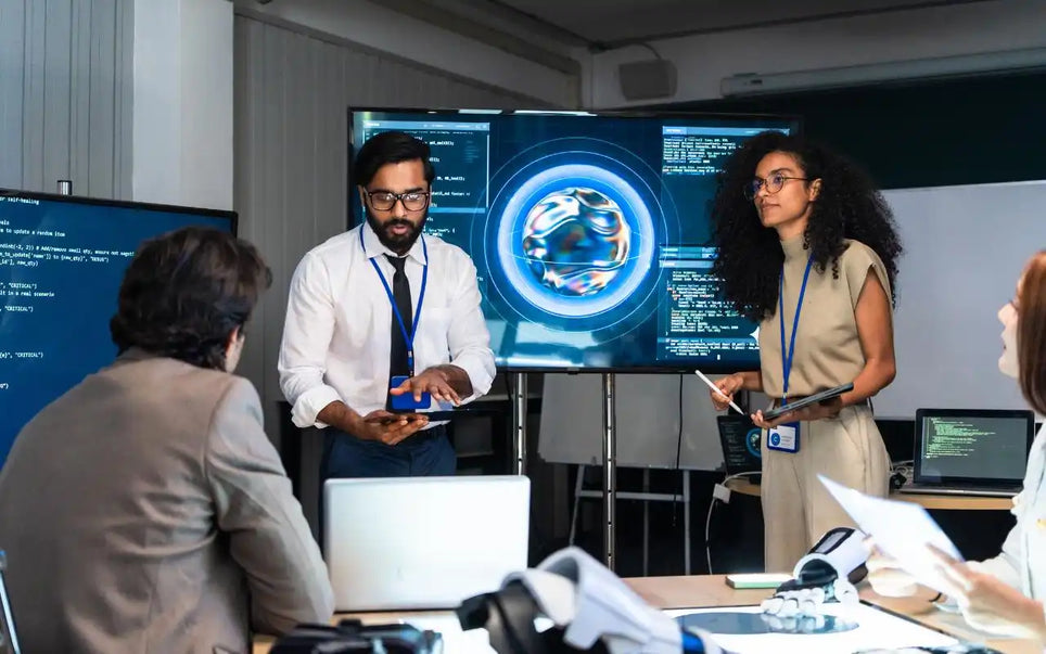 A man wearing glasses and a tie presenting data privacy compliance and technical details to colleagues in an office setting with computer screens displaying code and graphics