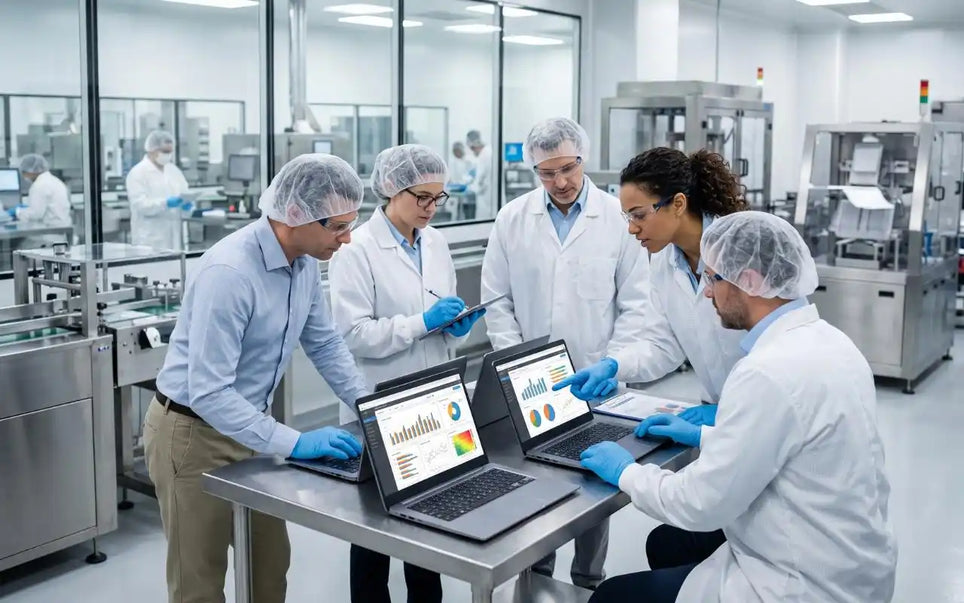 A group of scientists and medical device professionals in cleanroom attire, including hairnets, lab coats, and blue gloves, reviewing data and analytics on laptops inside a manufacturing facility