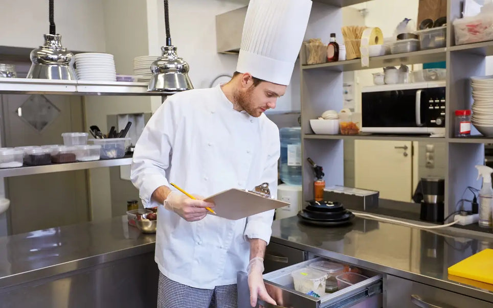 Food Handling 2026 guide banner showing a chef inspecting food storage drawer with a clipboard in a commercial kitchen