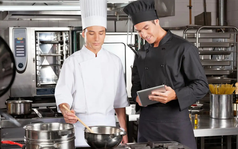 Food Handler Certificate in Spanish 2026 guide banner showing two chefs in a restaurant kitchen using a tablet