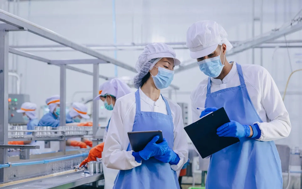 Training graphic for "Food Hygiene for Food Handlers: Practical Rules and Best Practice" showing factory workers enforcing sanitation standards on a food production line.