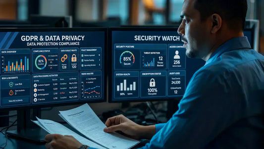 GDPR and data privacy compliance dashboard showing security watch metrics, risk incidents, data subject rights, policy management, encryption status, and audit logs.