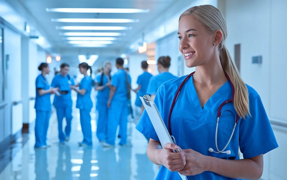 Age limits to buy paracetamol guide banner showing a female nurse with a clipboard in a hospital corridor