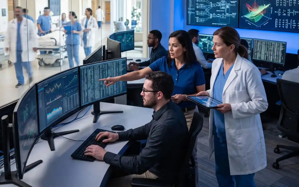Healthcare cybersecurity professionals and a doctor in a lab coat reviewing security data and analytics on multiple computer screens and a tablet in a control room