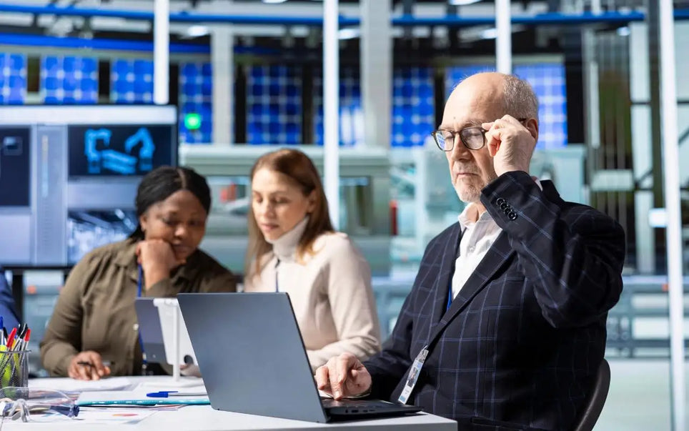 An older businessman wearing glasses and a suit jacket working on a laptop at a desk in an office, with two female colleagues working in the background