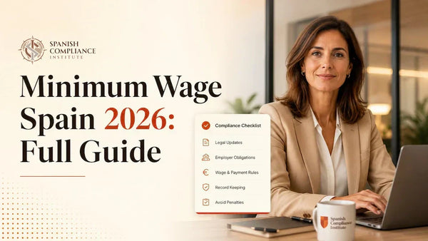 Professional blog hero image about Minimum Wage Spain 2026 featuring a business professional working at a laptop with a compliance checklist covering employer obligations, wage rules, legal updates, and record keeping in a modern office setting.