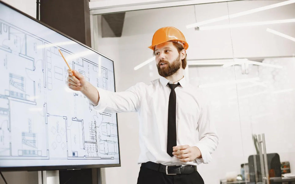 An architect wearing an orange hard hat, white shirt, and tie pointing at a floor plan blueprint displayed on a large screen during a presentation