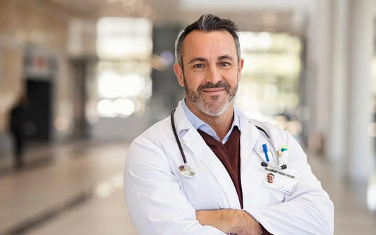 A professional male doctor with a beard wearing a white lab coat, stethoscope, and ID badge with arms crossed, standing in a bright hospital or medical facility hallway