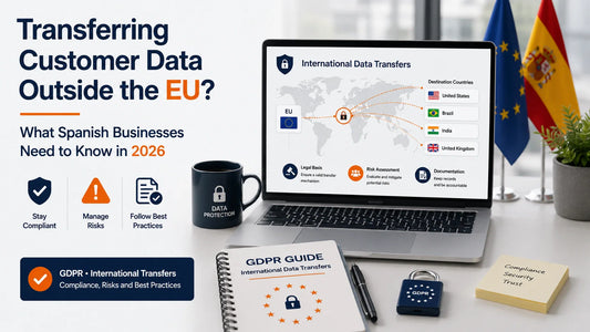 Spanish business data transfer guide showing international customer data transfers, GDPR safeguards, risk assessment, and compliance documentation.