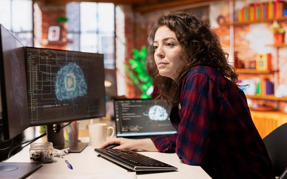 A woman with curly dark hair wearing a red and black plaid shirt sitting at a desk with multiple monitors and a laptop displaying code and digital graphics