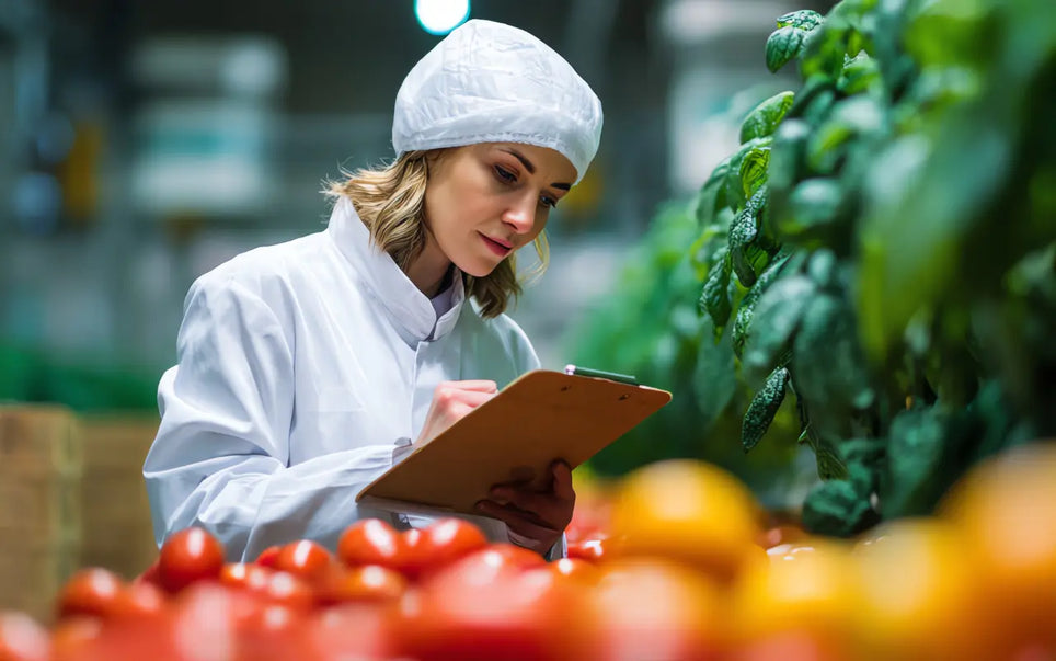 Food hygiene professional inspecting fresh produce and recording safety checks on a clipboard.
