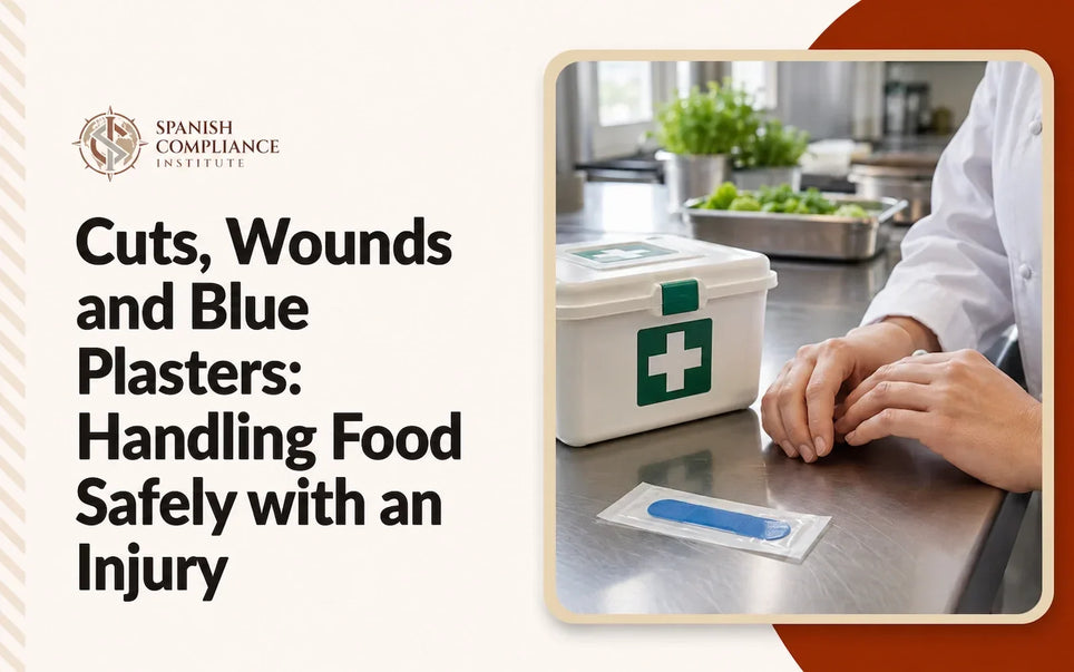 Blue waterproof plaster beside a first-aid kit in a clean professional food-preparation area.
