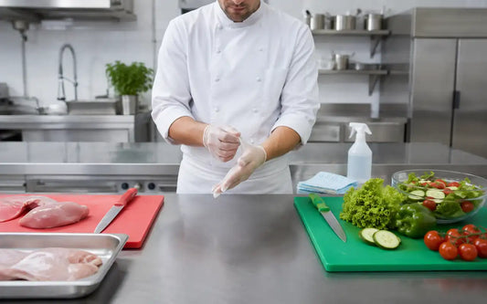 Chef preventing kitchen cross-contamination by using separate colour-coded boards and utensils for raw poultry and salad ingredients.