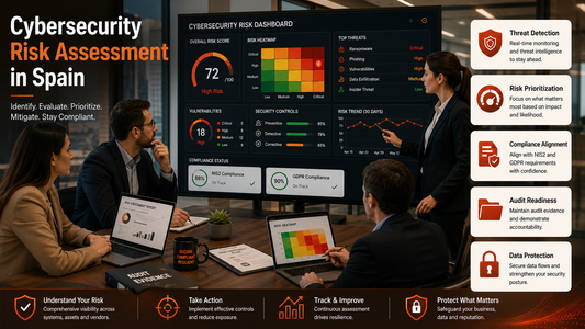 Cybersecurity risk assessment and compliance in Spain showing threat monitoring risk controls and regulatory alignment 