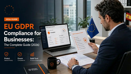 A business professional reviewing a data protection compliance document at a desk, with an EU flag and legal paperwork visible.