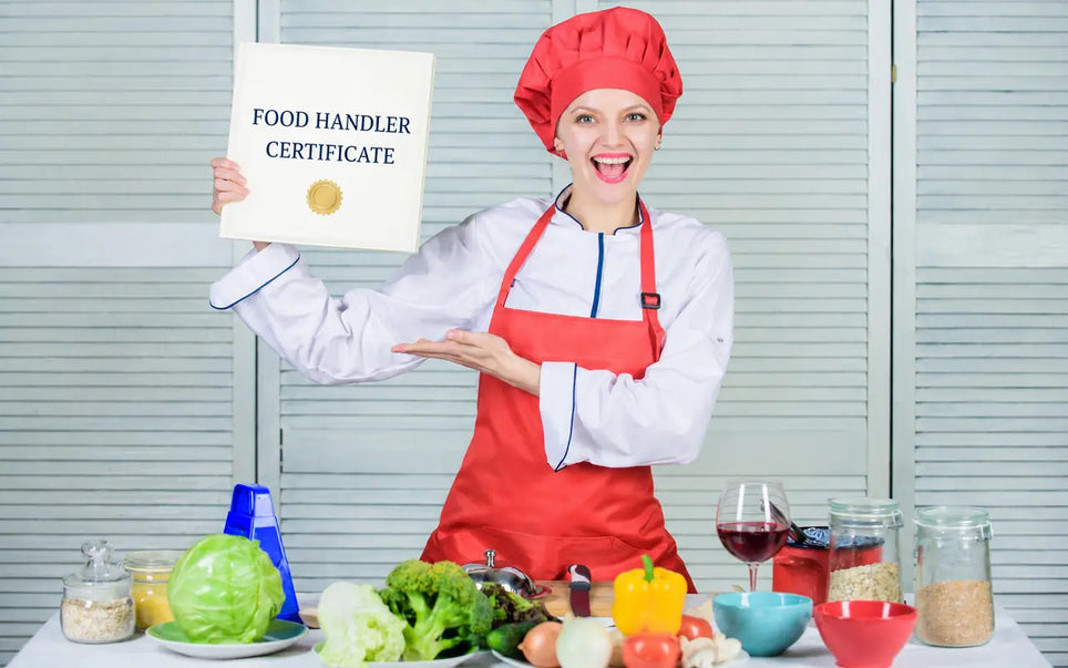 Female chef presenting a Food Handler Certificate in a kitchen.