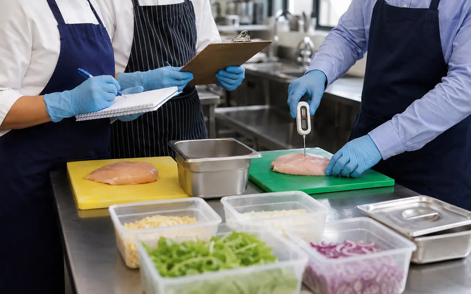 Employer-led food handler training demonstrating safe temperature checks in a commercial kitchen.